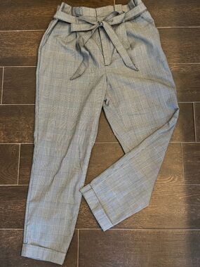 High-Rise Plaid Paperbag Waist Trousers in Gray